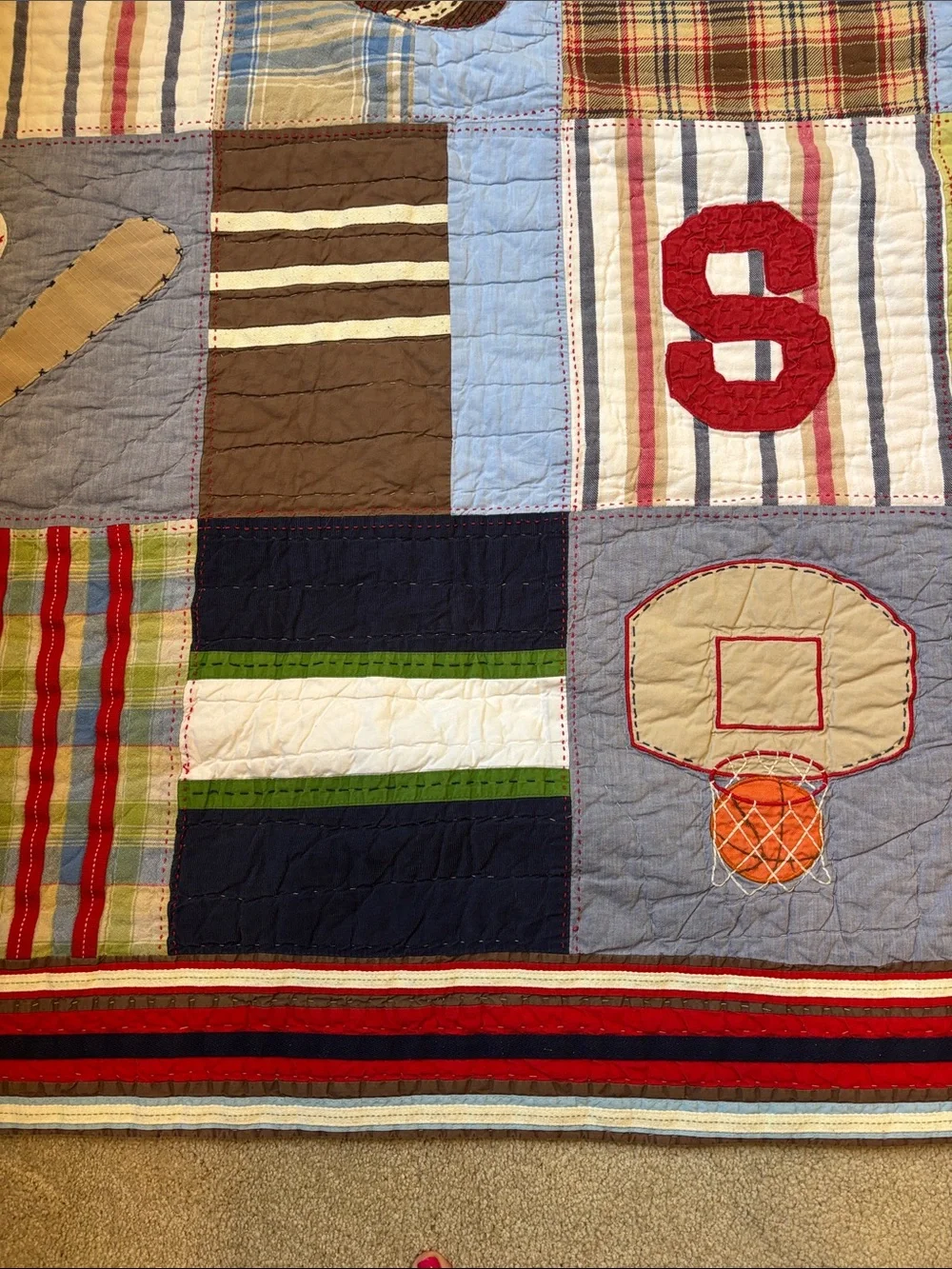 Pottery Barn Teen Sports Patchwork Quilt - Navy, Brown, Green, Red, Blue, Tan